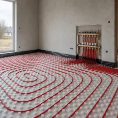 Układanie ogrzewania podłogowego w nowym domu. Czerwone rurki tworzą spiralne wzory na białej macie izolacyjnej, podłączone do mosiężnego rozdzielacza.