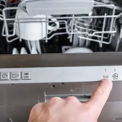 Palec wskazuje przycisk "Eco" na panelu zmywarki Gorenje, która wyświetla błąd F12.