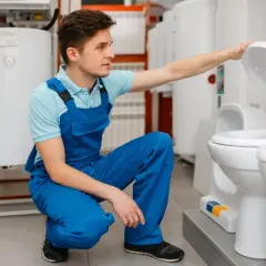 Fachowiec w niebieskim kombinezonie sprawdza deskę sedesową, zastanawiając się, czym skleić deskę sedesową, gdyby uległa uszkodzeniu.
