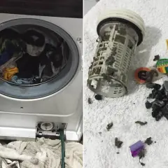 Zatkany filtr pompy to powód, dla którego zostaje woda w kołnierzu pralki. Widać tam drobne przedmioty, które mogły się tam dostać.