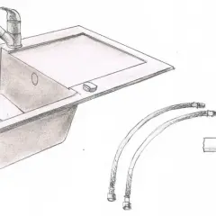 Ilustracja przedstawia zlewozmywak nakładany na szafkę, baterię, węże przyłączeniowe i syfon.