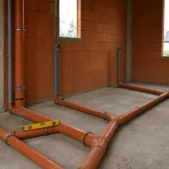 Rozpoczyna się instalacja CO. Pomarańczowe i szare rury tworzą skomplikowaną sieć na betonowej podłodze, gotowe do ogrzewania domu.