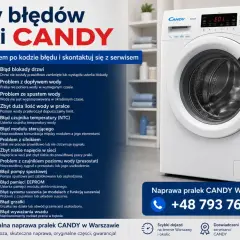 Kody błędów pralki CANDY: E01 - blokada drzwi, E02 - problem z dopływem wody, E03 - problem ze spustem wody, E04 - zbyt duża ilość wody, E05 - błąd czujnika temperatury.