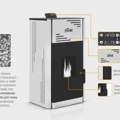 Piec na pellet Ferroli z automatyką kontrolującą pracę, zbiornikiem na pellet i wbudowanym płaszczem wodnym.