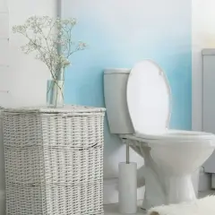 Łazienka z białym, ceramicznym sedesem i otwartą klapą. Obok kosz z wikliny, a za nim spłuczka starego typu.