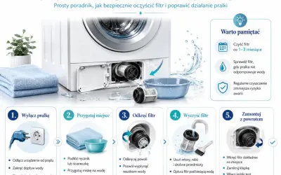 Instrukcja krok po kroku, jak wyczyścić filtr w pralce. Usuń włosy, nitki i drobne przedmioty, opłucz pod bieżącą wodą i zamontuj z powrotem.