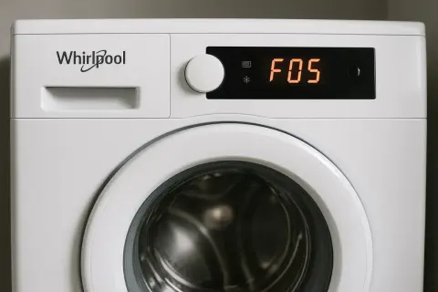Panel sterowania pralki Whirlpool z wyświetlaczem pokazującym kod błędu F05.