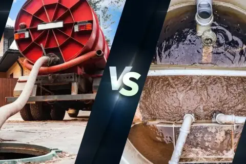 Cysterna asenizacyjna opróżnia szambo. Widać wnętrze zbiornika z zawartością.