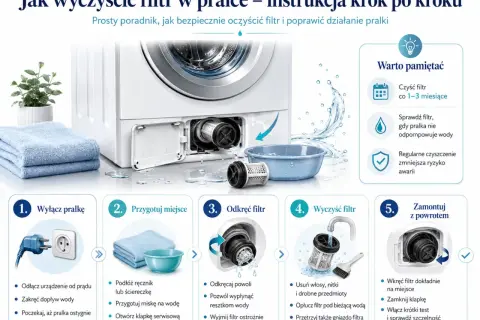 Instrukcja krok po kroku, jak wyczyścić filtr w pralce. Usuń włosy, nitki i drobne przedmioty, opłucz pod bieżącą wodą i zamontuj z powrotem.