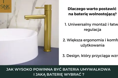 Złota bateria wolnostojąca nad białą umywalką nablatową. Odległość baterii od umywalki jest kluczowa dla komfortu.
