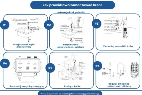 Instrukcja budowa baterii zlewozmywakowej stojącej: przeprowadzanie węży, podłączanie kabli, montaż uszczelek i śrub, regulacja pilotem.