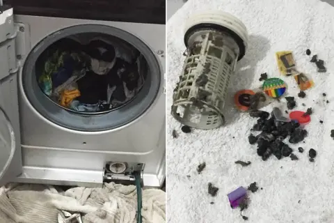 Zatkany filtr pompy to powód, dla którego zostaje woda w kołnierzu pralki. Widać tam drobne przedmioty, które mogły się tam dostać.