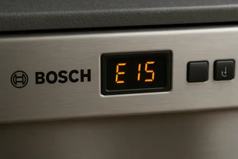Wyświetlacz zmywarki Bosch pokazuje kod błędu E15, sygnalizując problem z wodą.
