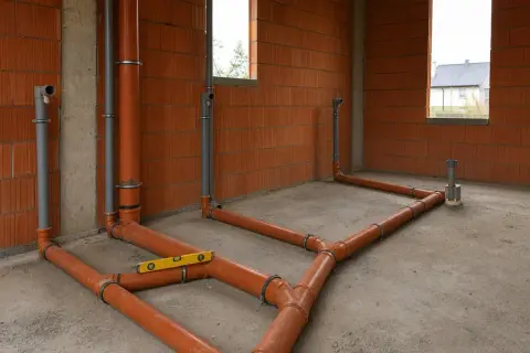 Rozpoczyna się instalacja CO. Pomarańczowe i szare rury tworzą skomplikowaną sieć na betonowej podłodze, gotowe do ogrzewania domu.