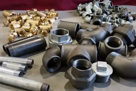 Różnorodne złączki i rury stalowe, mosiężne oraz ocynkowane. Wiele z nich ma gwinty, co ułatwia połączenie rury stalowej z plastikową za pomocą odpowiednich adapterów.
