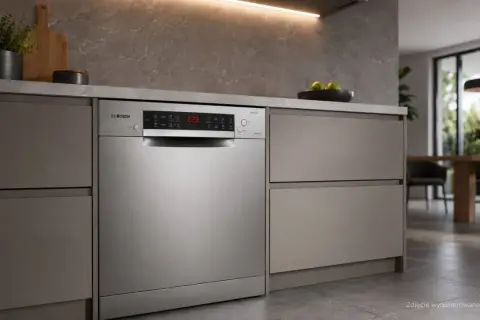 Nowa zmywarka Bosch Serie 6 z wyświetlaczem pokazującym błąd E61-03. Nowoczesna kuchnia w tle.