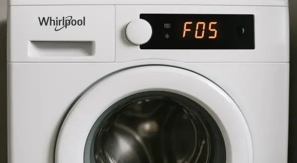 Panel sterowania pralki Whirlpool z wyświetlaczem pokazującym kod błędu F05.