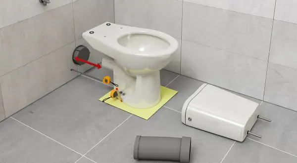 Instrukcja jak zamontować wc kompakt z odpływem pionowym. Widoczny sedes, spłuczka, rura kanalizacyjna i narzędzia.