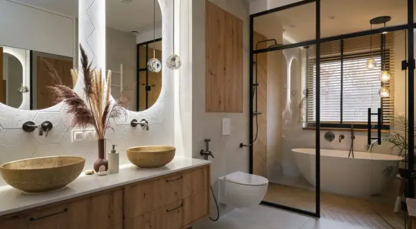 Nowoczesna łazienka z drewnianymi akcentami, dwoma umywalkami i wanną w przeszklonej kabinie. Inspiracja, jak urządzić łazienkę w stylu boho-chic.