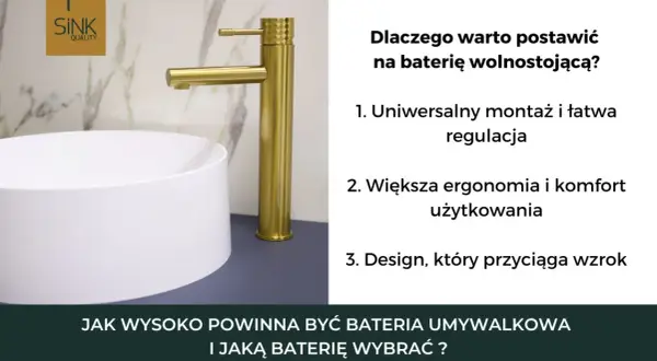 Złota bateria wolnostojąca nad białą umywalką nablatową. Odległość baterii od umywalki jest kluczowa dla komfortu.