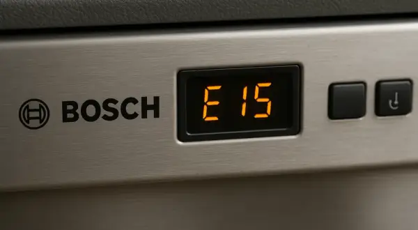 Wyświetlacz zmywarki Bosch pokazuje kod błędu E15, sygnalizując problem z wodą.