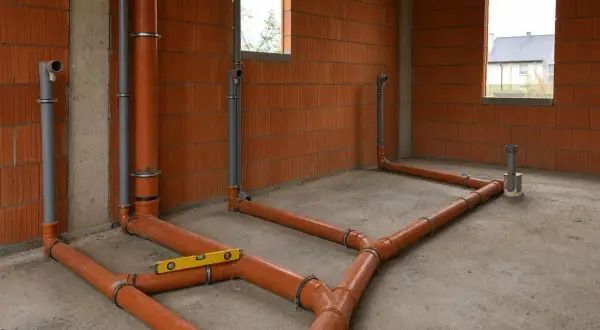 Rozpoczyna się instalacja CO. Pomarańczowe i szare rury tworzą skomplikowaną sieć na betonowej podłodze, gotowe do ogrzewania domu.