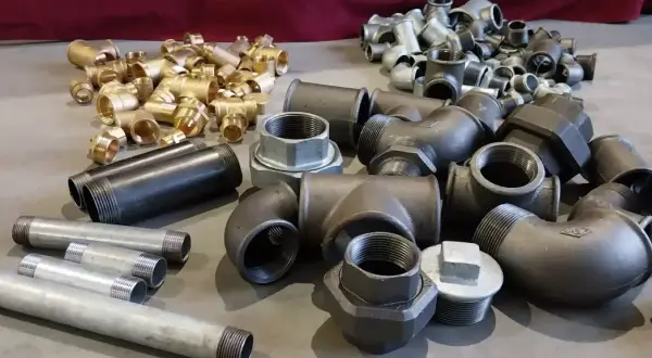 Różnorodne złączki i rury stalowe, mosiężne oraz ocynkowane. Wiele z nich ma gwinty, co ułatwia połączenie rury stalowej z plastikową za pomocą odpowiednich adapterów.