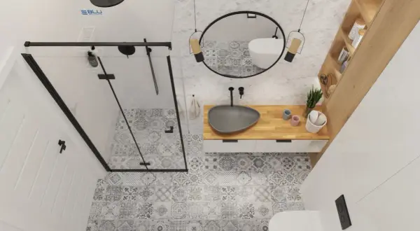 Nowoczesna aranżacja małej łazienki 4m2: prysznic, umywalka nablatowa, wisząca miska WC i drewniane półki.