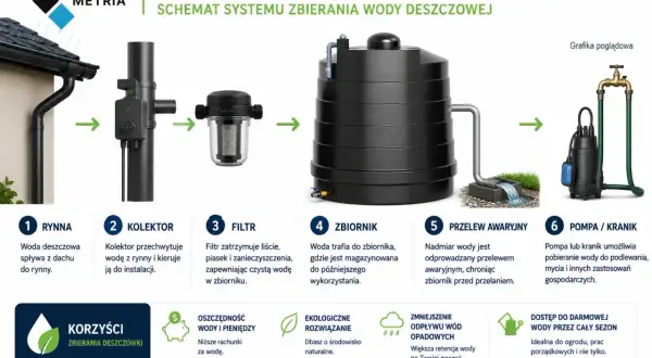 Schemat podłączenia rynny do zbiornika na deszczówkę: woda spływa z rynny, przez kolektor i filtr, do zbiornika, a nadmiar odprowadzany jest przelewem.