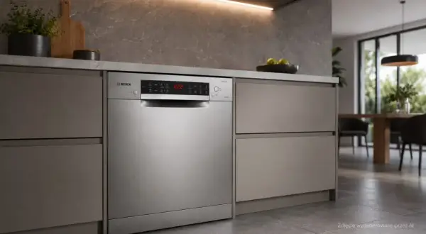 Nowa zmywarka Bosch Serie 6 z wyświetlaczem pokazującym błąd E61-03. Nowoczesna kuchnia w tle.