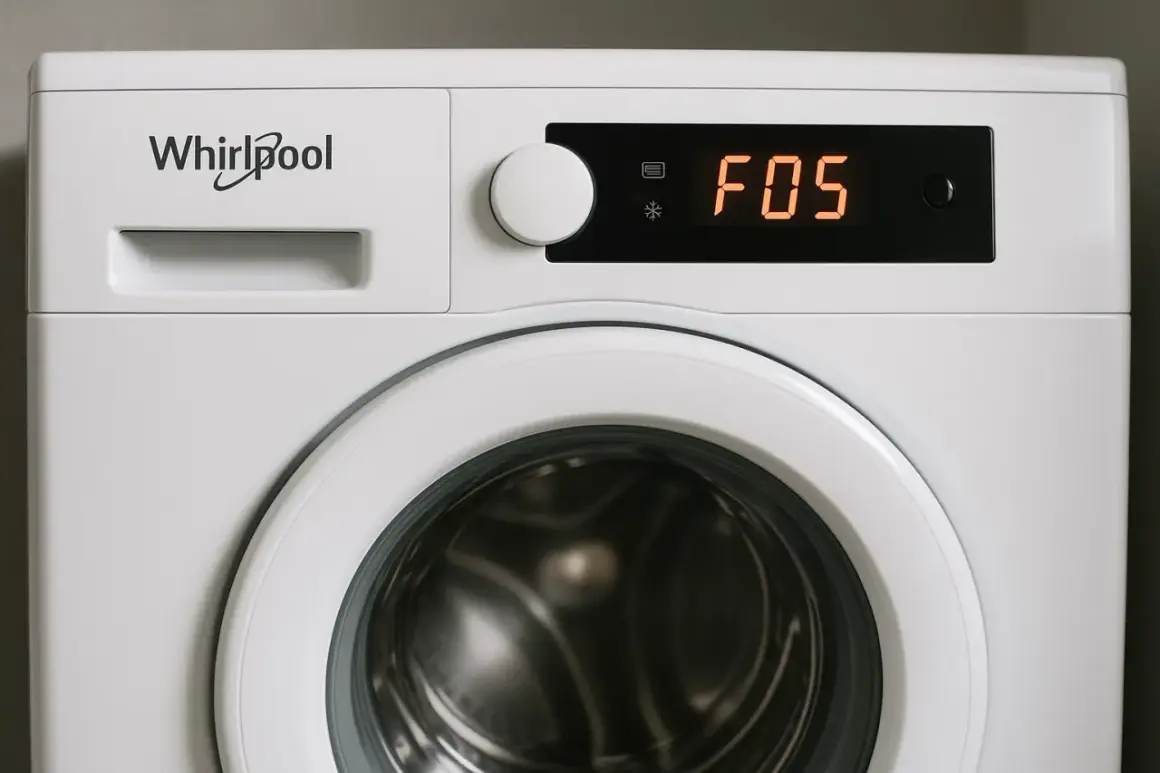 Panel sterowania pralki Whirlpool z wyświetlaczem pokazującym kod błędu F05.