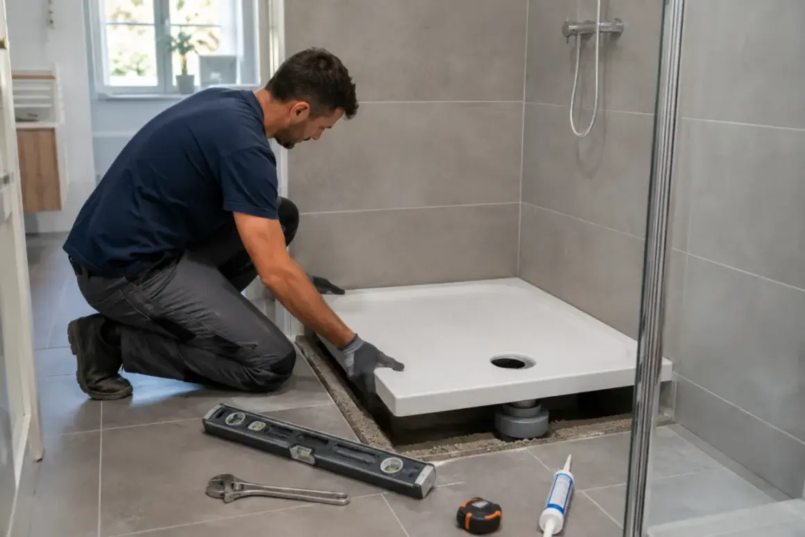 Instalator wykonuje podłączenie brodzika do odpływu, używając poziomicy i klucza.