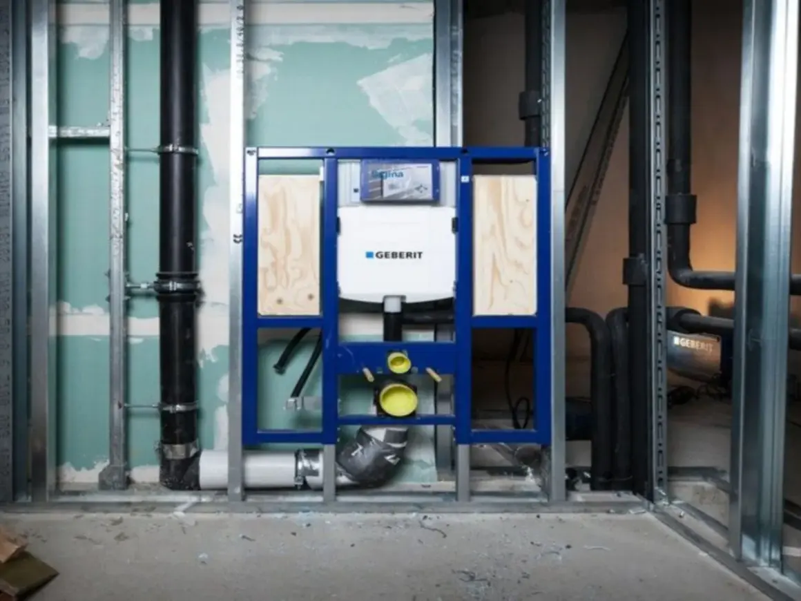 Montaż stelaża Geberit z podłączeniem do odpływu. Instalacja hydrauliczna w trakcie budowy.