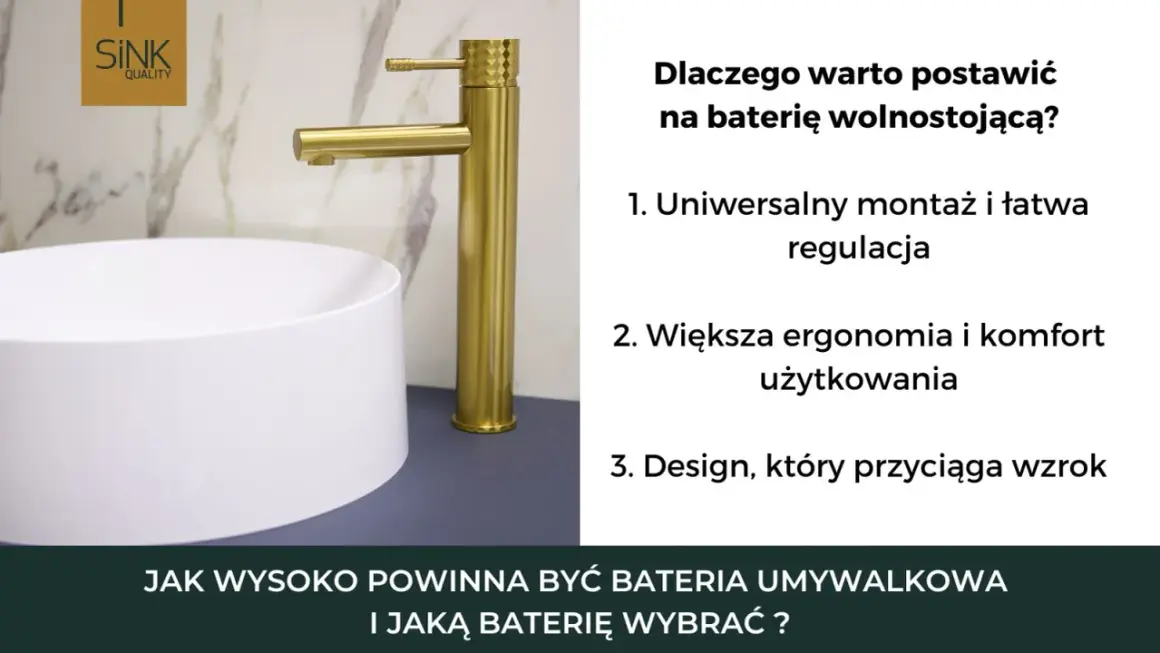 Złota bateria wolnostojąca nad białą umywalką nablatową. Odległość baterii od umywalki jest kluczowa dla komfortu.