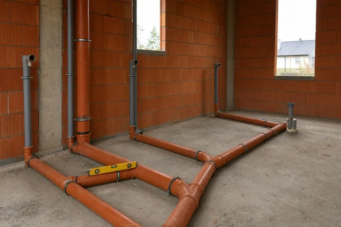 Rozpoczyna się instalacja CO. Pomarańczowe i szare rury tworzą skomplikowaną sieć na betonowej podłodze, gotowe do ogrzewania domu.