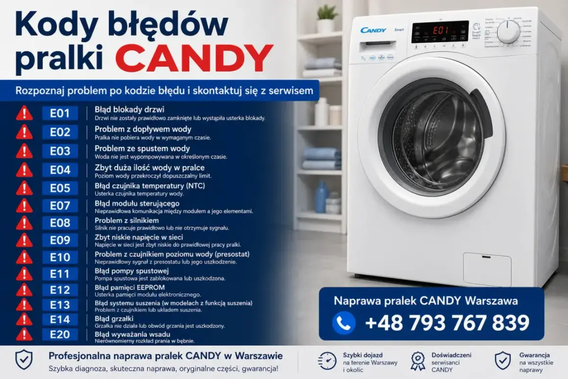 Kody błędów pralki CANDY: E01 - blokada drzwi, E02 - problem z dopływem wody, E03 - problem ze spustem wody, E04 - zbyt duża ilość wody, E05 - błąd czujnika temperatury.