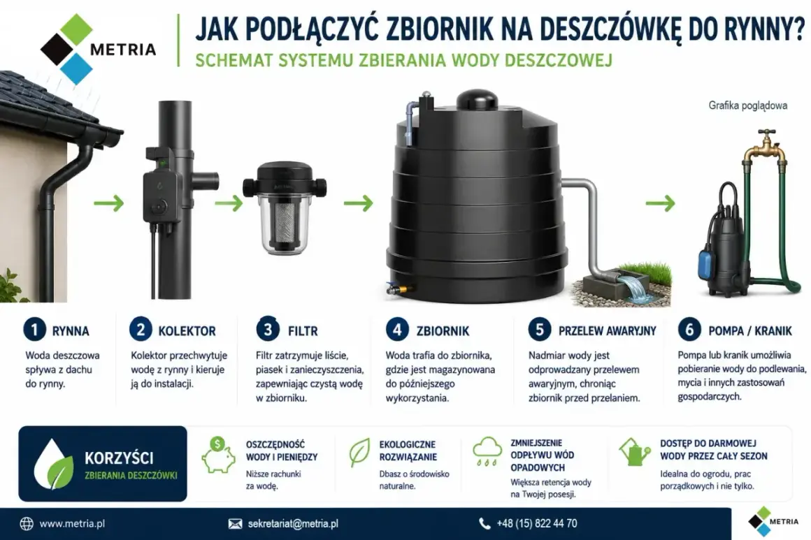 Schemat podłączenia rynny do zbiornika na deszczówkę: woda spływa z rynny, przez kolektor i filtr, do zbiornika, a nadmiar odprowadzany jest przelewem.