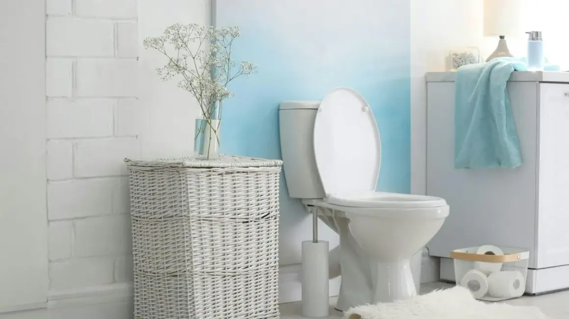 Łazienka z białym, ceramicznym sedesem i otwartą klapą. Obok kosz z wikliny, a za nim spłuczka starego typu.