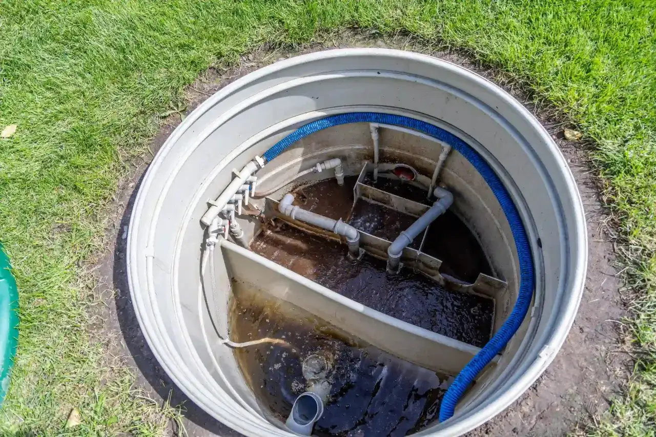 Oczyszczalnia ścieków z widocznymi przegrodami i rurami. Woda jest mętna, co może sugerować za dużo bakterii w oczyszczalni.
