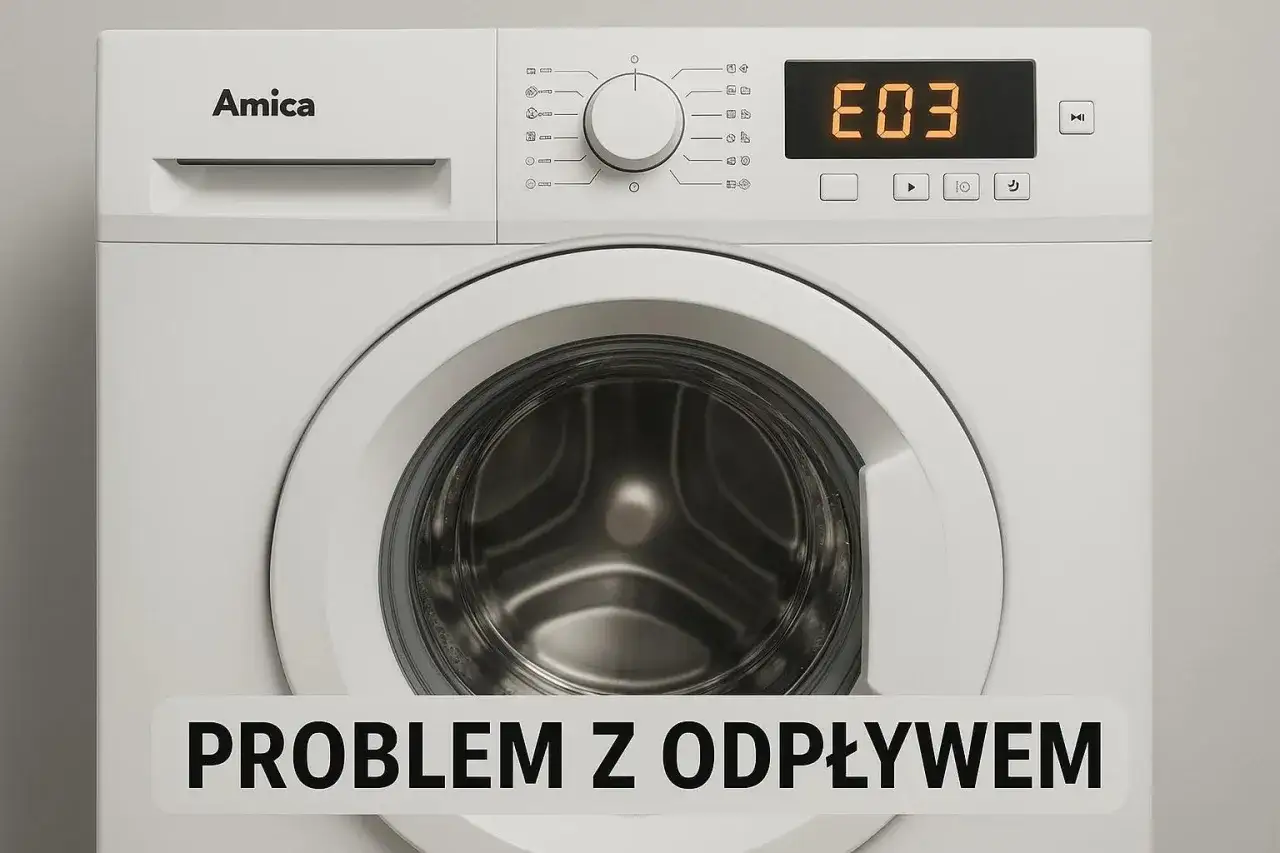 Pralka Amica z błędem E03, wskazującym na problem z odpływem.