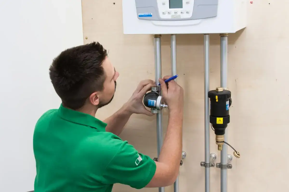 Instalator montuje separator powietrza przy kotle. Prawidłowe umiejscowienie zapewni efektywną pracę systemu.