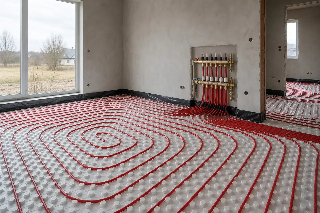 Instalacja ogrzewania podłogowego z czerwonymi rurami ułożonymi spiralnie. Widać rozdzielacz i kolejne pomieszczenie z podobnym systemem.