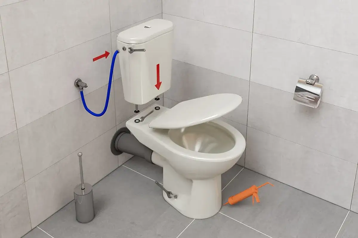 Instrukcja jak zamontować WC kompakt z odpływem pionowym. Widoczny montaż zbiornika, podłączenie wody i uszczelnienie.