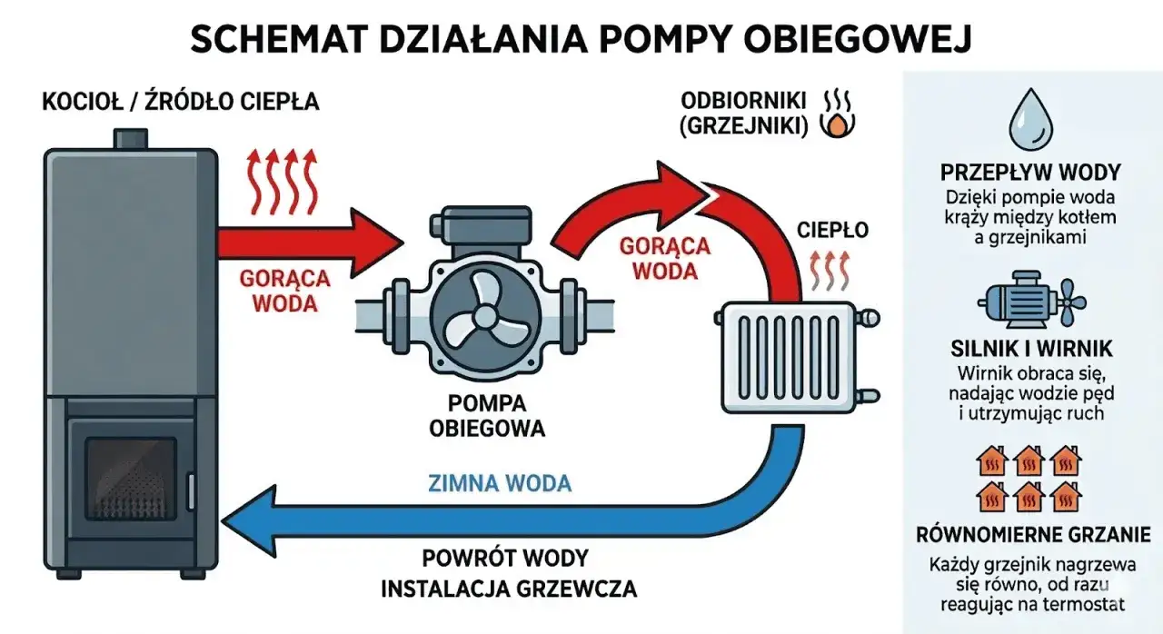 Schemat obiegu wody w grzejniku: pompa wymusza krążenie gorącej wody z kotła do grzejników i powrót zimnej wody.