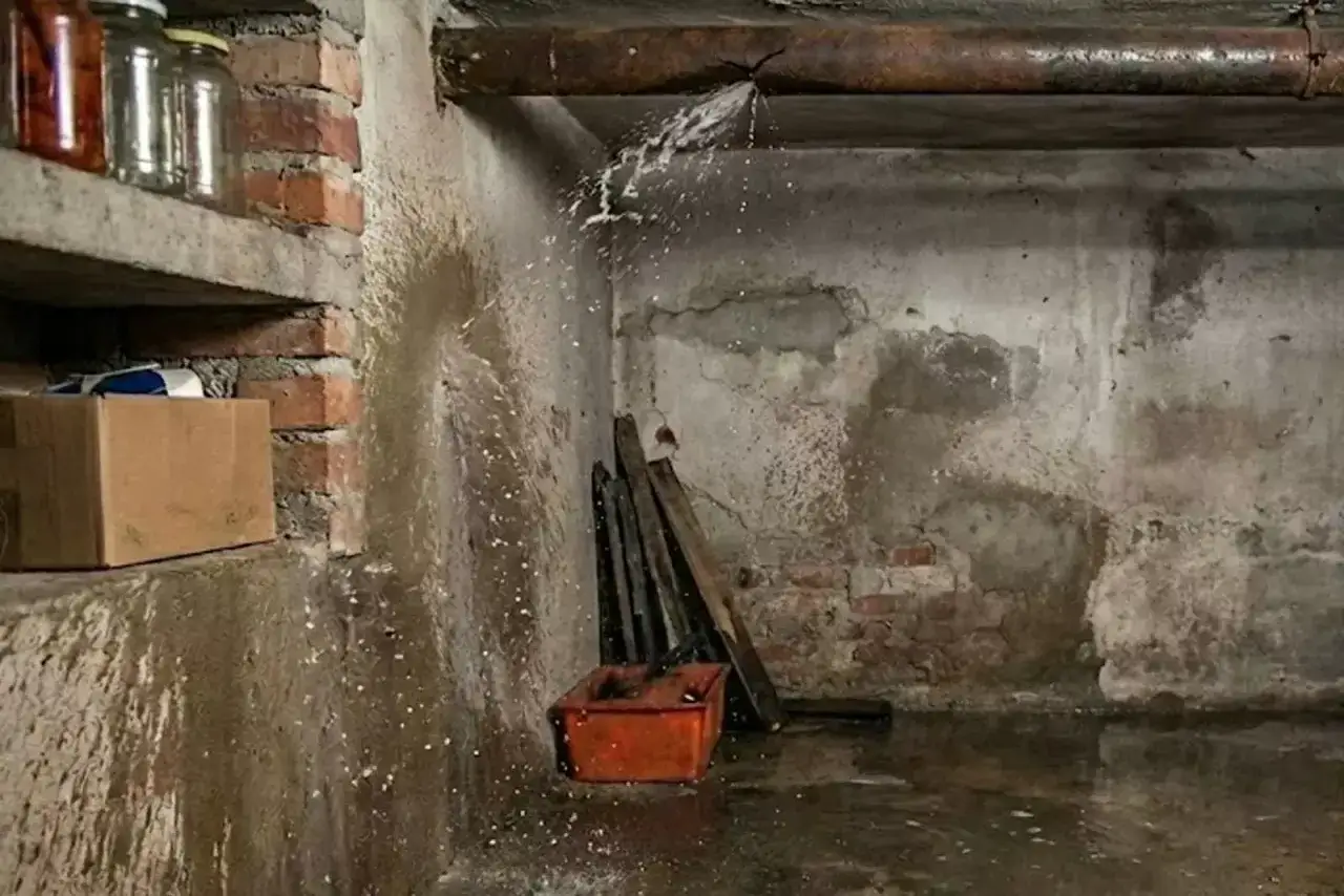 Pęknięta rura w piwnicy cieknie, tworząc kałużę na podłodze. W tle widać słoiki z przetworami i kartonowe pudło.
