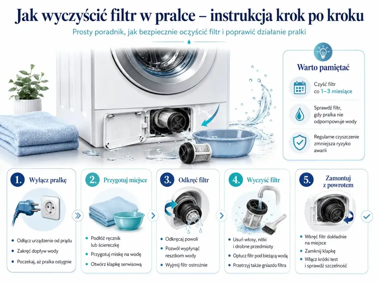 Instrukcja czyszczenia filtra pralki. Objawy zapchanego filtra to m.in. problemy z odprowadzaniem wody. Regularne czyszczenie zapobiega awariom.