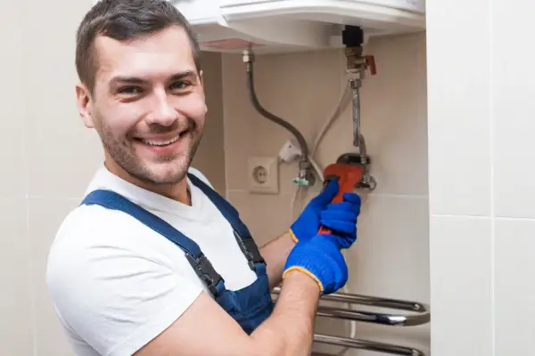 Uśmiechnięty hydraulik w niebieskim kombinezonie naprawia bojler, który nie grzeje wody. Używa klucza nastawnego.