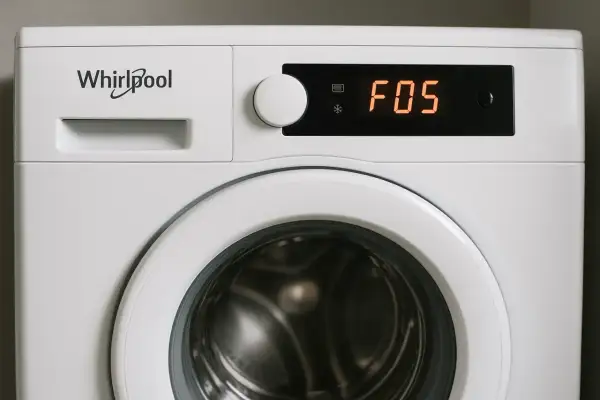 Panel sterowania pralki Whirlpool z wyświetlaczem pokazującym kod błędu F05.