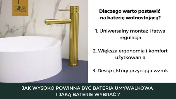 Złota bateria wolnostojąca nad białą umywalką nablatową. Odległość baterii od umywalki jest kluczowa dla komfortu.