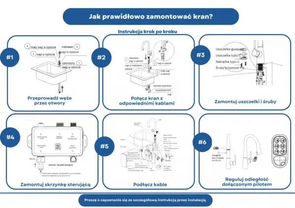 Instrukcja budowa baterii zlewozmywakowej stojącej: przeprowadzanie węży, podłączanie kabli, montaż uszczelek i śrub, regulacja pilotem.